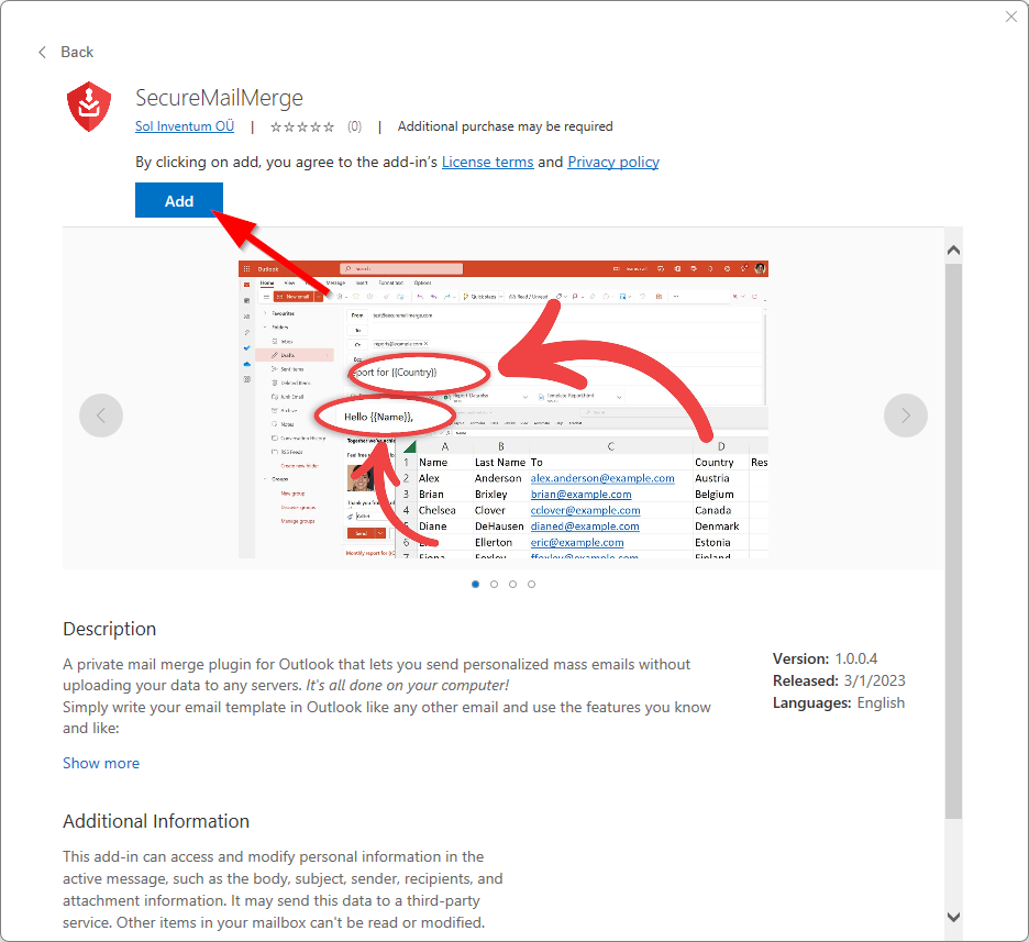 Screenshot of Office Add-In SecureMailMerge product page