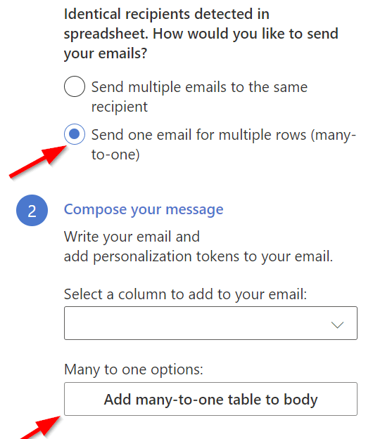 The many-to-one choice in SecureMailMerge, with Send one email for multiple rows selected and the Add many-to-one table to body button under Compose your message