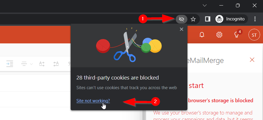 Screenshot of a activating third party cookies in Chrome