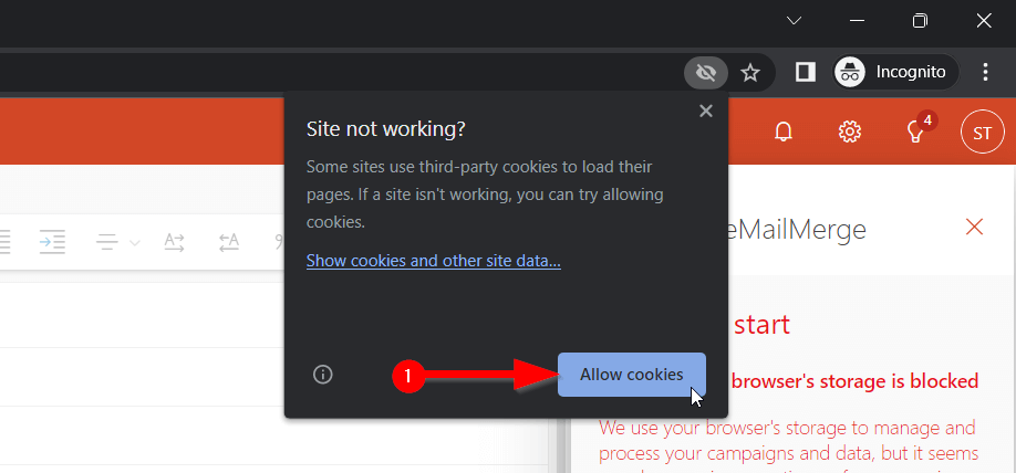 Screenshot of a activating third party cookies in Chrome